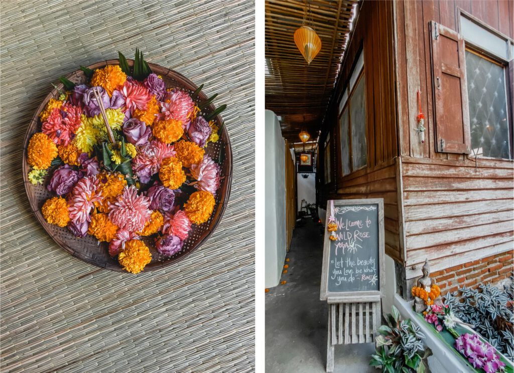 Every morning the entrance to the studio in Chiang Mai is decorated with fresh flowers.