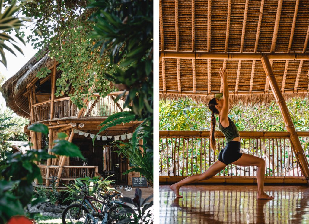 On the left a bamboo shala surrounded by lush greenery. On the right a young woman practicing yoga in a bamboo architecture.