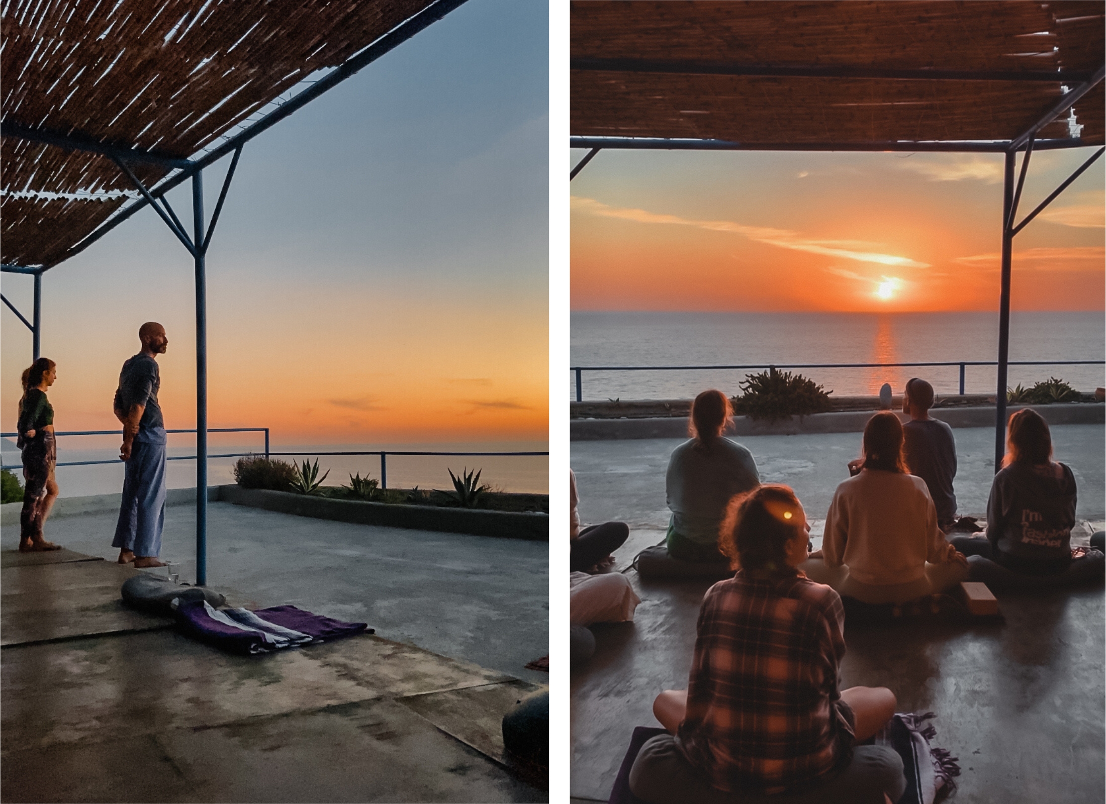 A group of yoga students meditate together overlooking the Mediterranean Sea and the sunset.