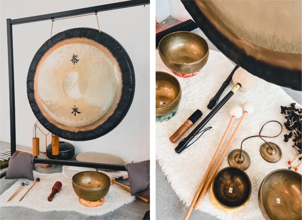 Healing Tibetan gongs, golden sound bowls and  chims in a yoga studio in Bangkok.