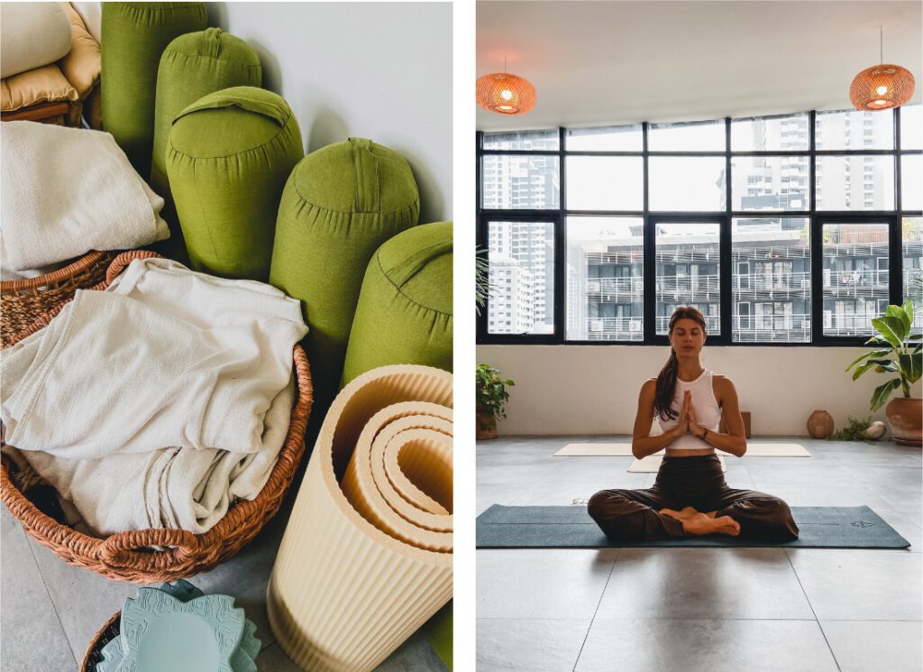 Two pictures showing yoga props in natural colors and a woman meditating in a light flooded yoga studio.
