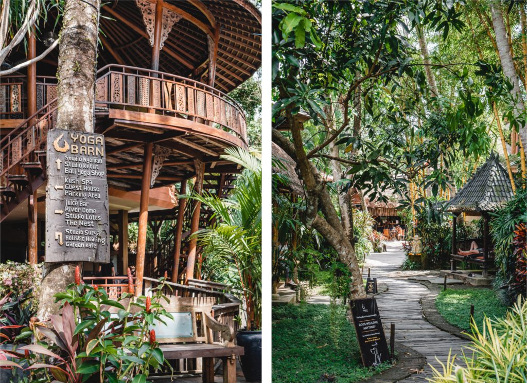 The wooden shala of the famous yoga studio The Yoga Barn in Ubud on Bali.