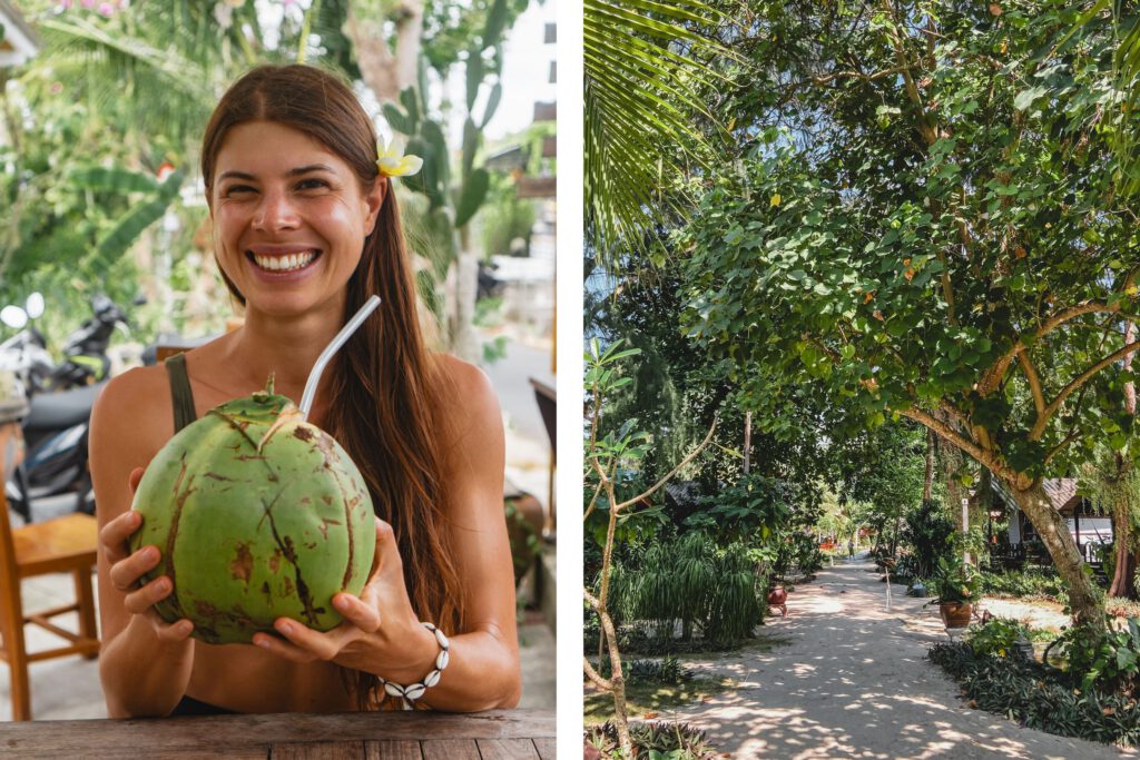 Woman drinking a fresh coconut and a tropical alley surrounded by lush greenery.