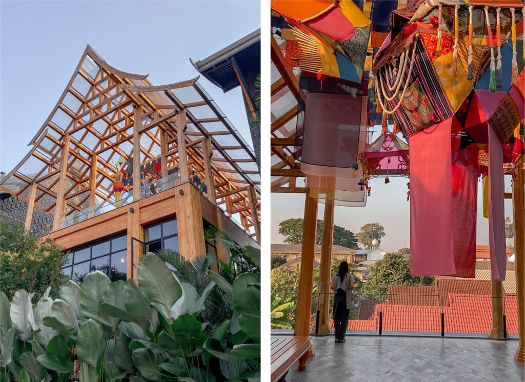 A beautiful glass pavilion on a roof top that looks like a Thai temple with ethnic fabric decorated.